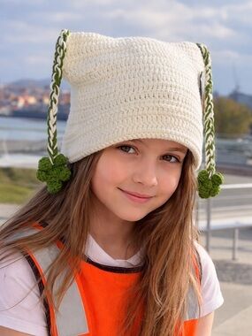 Cute Handmade Kids White Crochet Hat with Green Flower Accent
